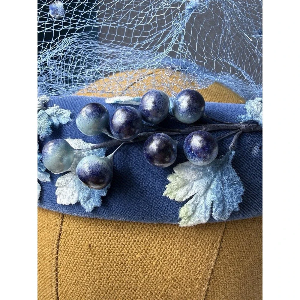 Vintage 1950s Royal Blue Velvet Pillbox Hat Birdcage Veil Floral Beaded Union US